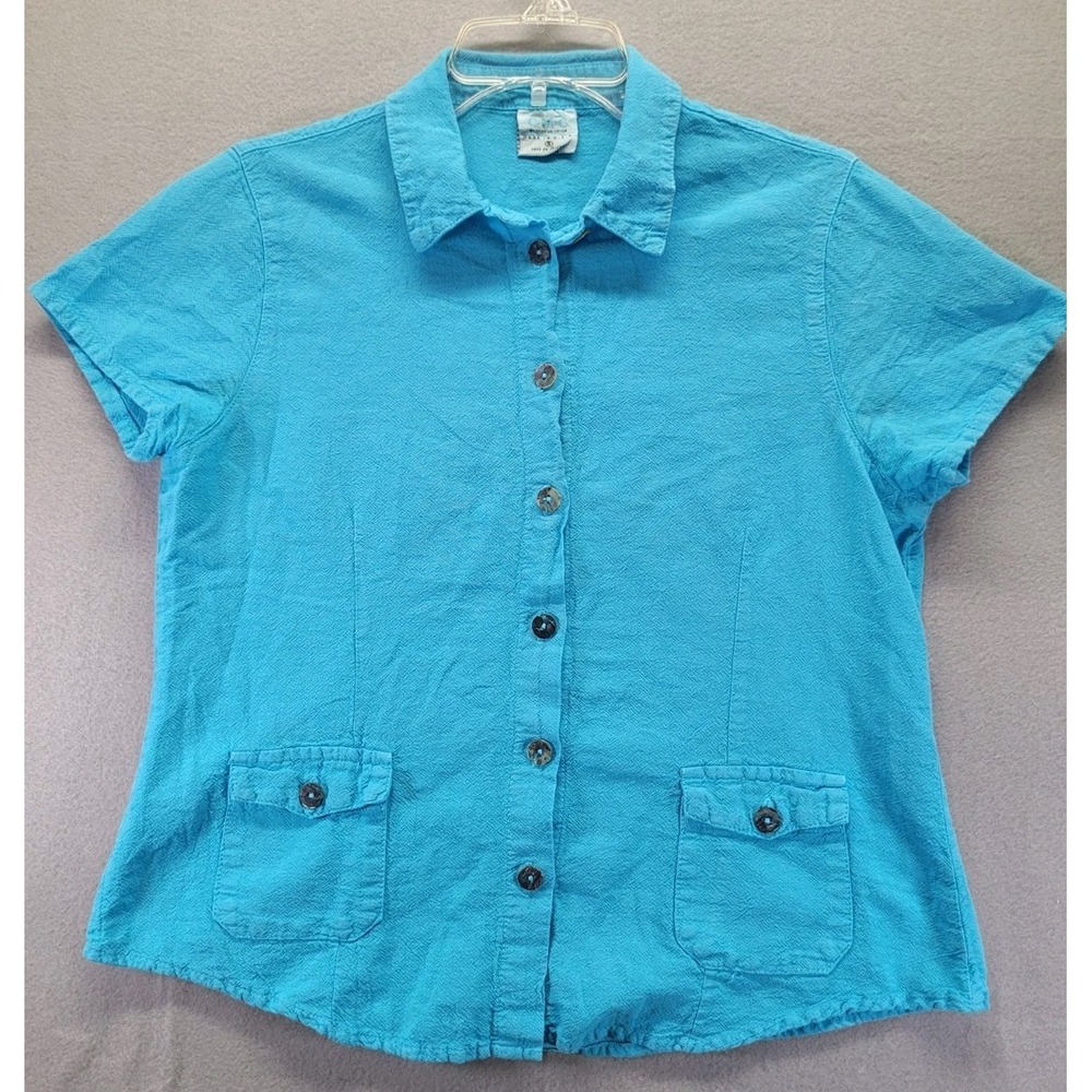 CMC Color Me Cotton Womens Small Top Buttons Blue SS Pockets Made In USA‎